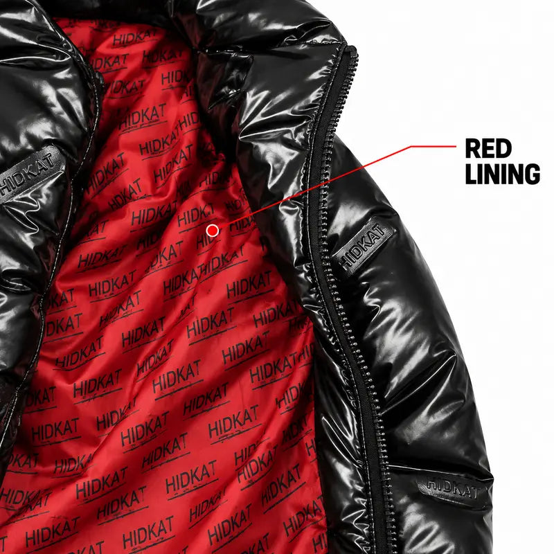 Men’S Glossy Black Cotton Jacket with High-Shine Finish, Detachable Hood, Contrasting Red Lining, Full Zip Front and Side Cargo Pockets—Casual, Warm Outerwear for Autumn and Winter. Menswear Coats