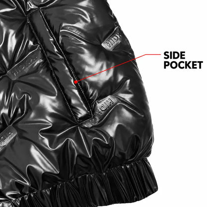 Men’S Glossy Black Cotton Jacket with High-Shine Finish, Detachable Hood, Contrasting Red Lining, Full Zip Front and Side Cargo Pockets—Casual, Warm Outerwear for Autumn and Winter. Menswear Coats