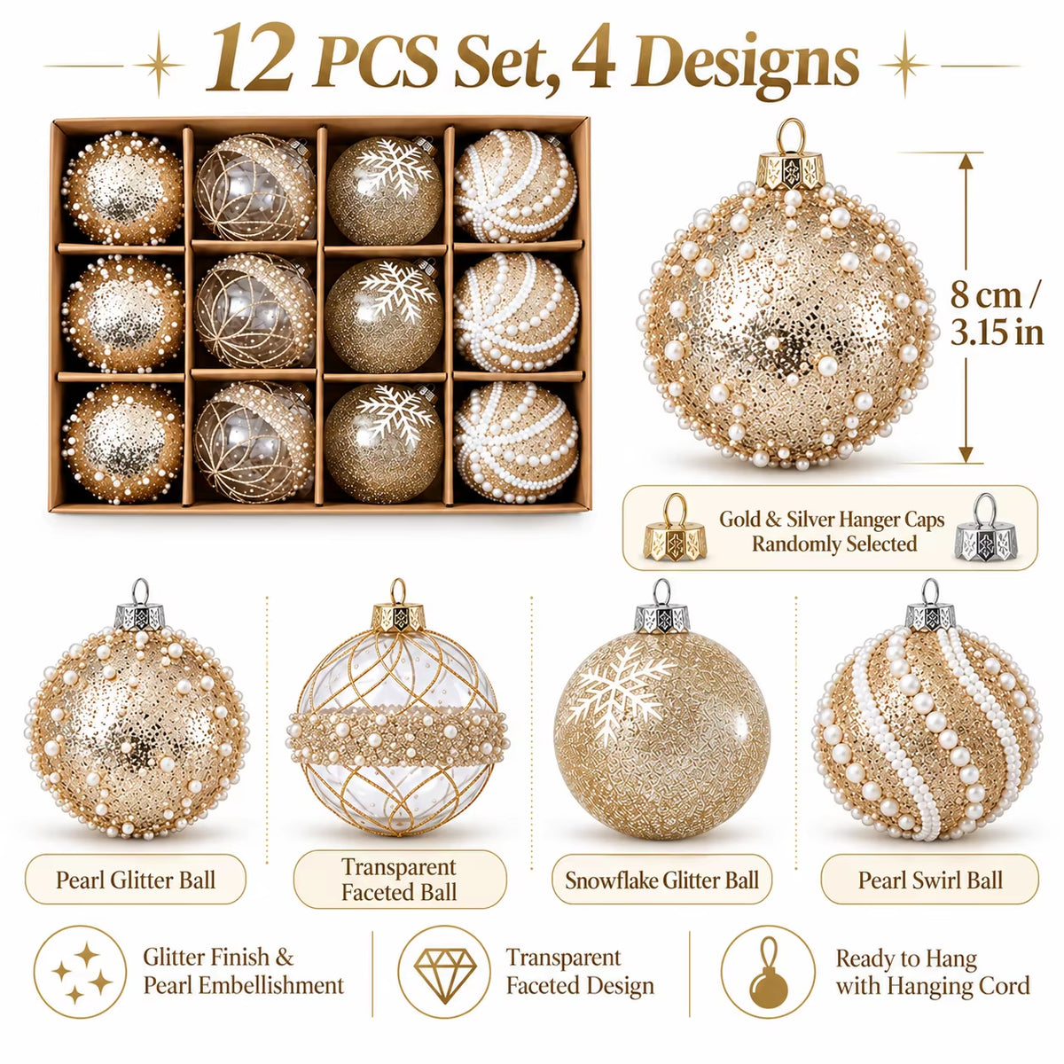 12Pcs 8Cm Champagne Gold Clear Christmas Ball Ornaments 4 Styles Glitter Pearl Snowflake Shatterproof Xmas Tree Hanging Decor