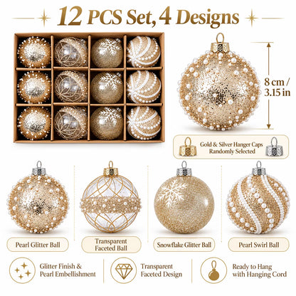 12Pcs 8Cm Champagne Gold Clear Christmas Ball Ornaments 4 Styles Glitter Pearl Snowflake Shatterproof Xmas Tree Hanging Decor