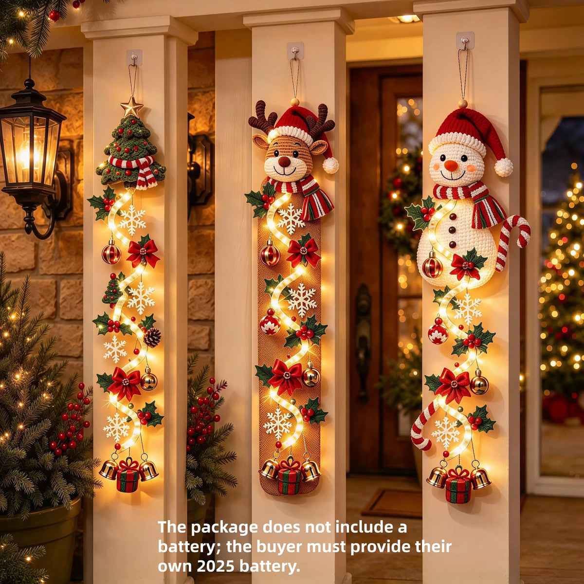 Christmas Door Hanger LED Glowing Handmade Crochet Santa Xmas Tree Bell Ornament Home Wall Front Door New Year Navidad Decor