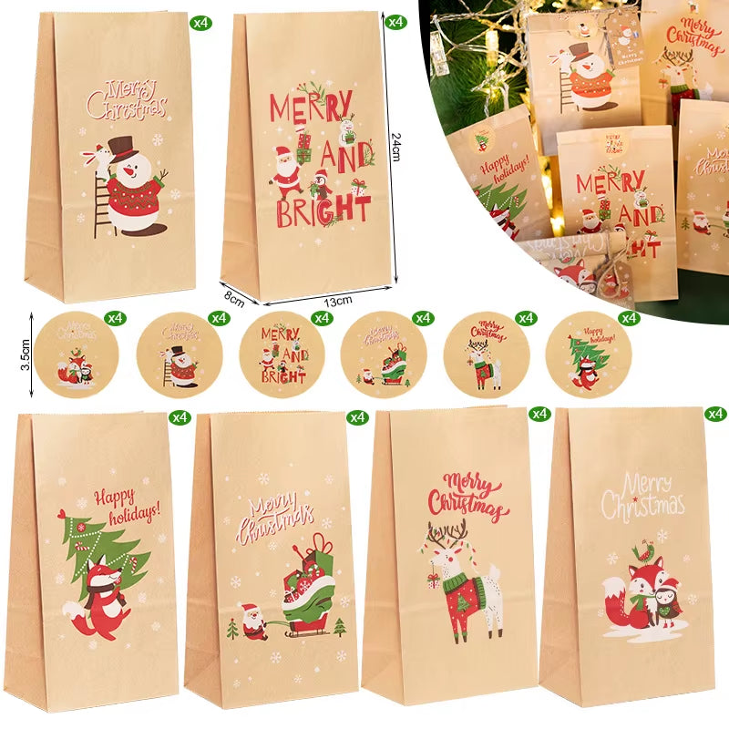 Santa Claus Snowman Christmas Gift Kraft Paper Biscuit Candy Bags Gift Packing Pouch Party Dessert Bar Bag Snack Cookie Stickers