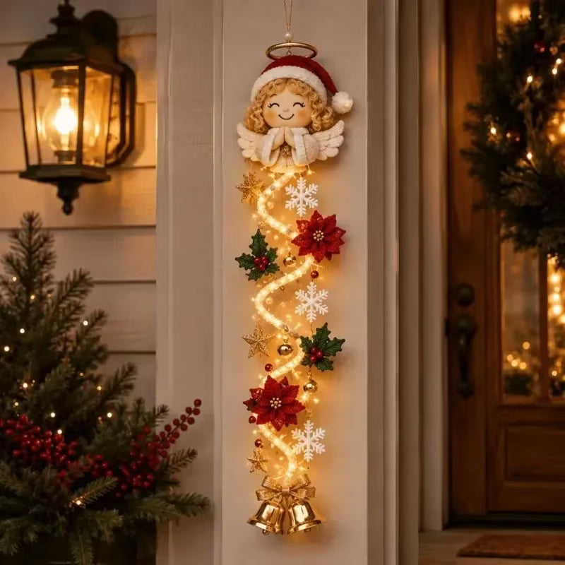 Christmas Door Hanger LED Glowing Handmade Crochet Santa Xmas Tree Bell Ornament Home Wall Front Door New Year Navidad Ornaments