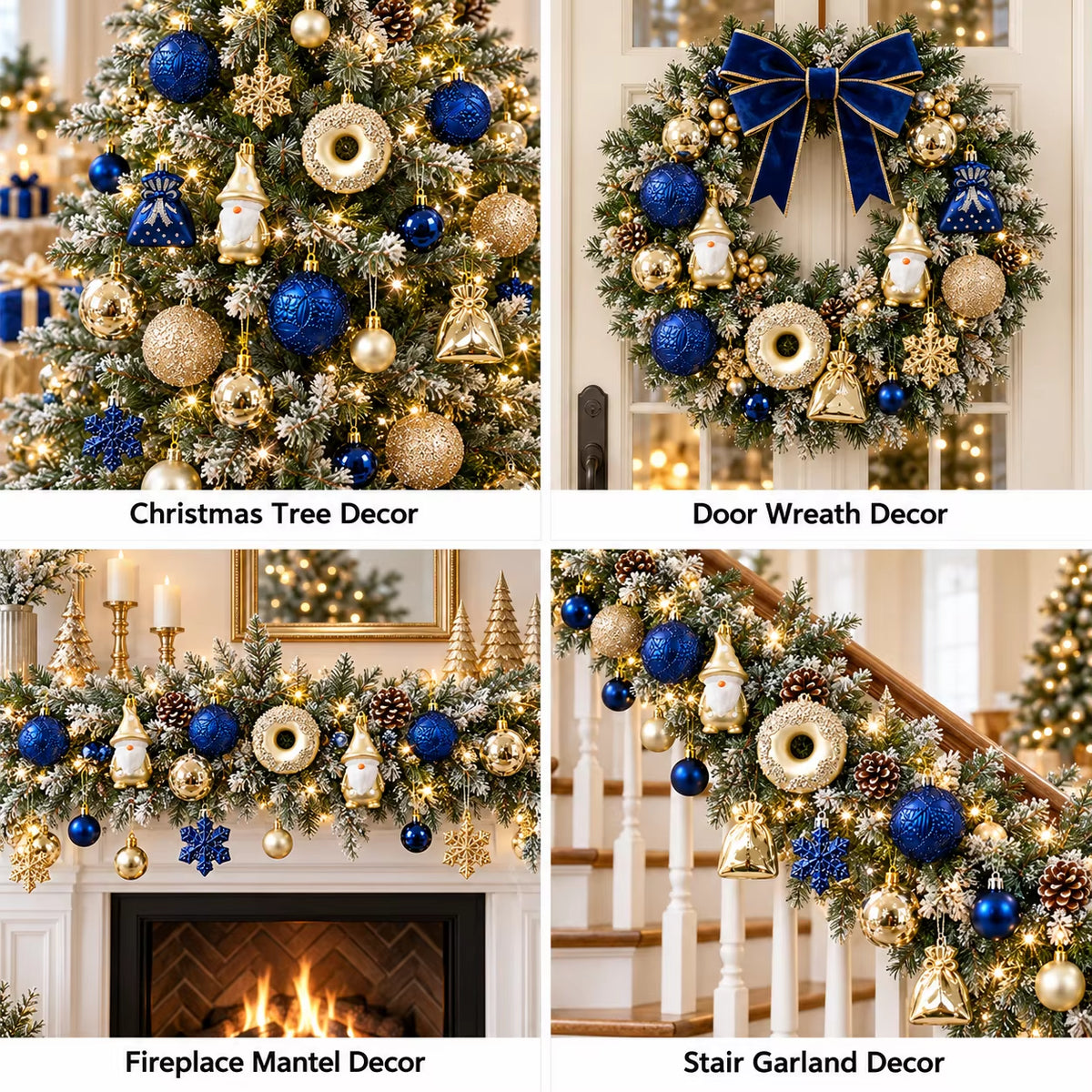 60Pcs Blue Gold Christmas Ornaments Set Shatterproof Multi Shapes Gnome Donut Snowflake Gift Balls Xmas Tree Hanging Party Decor