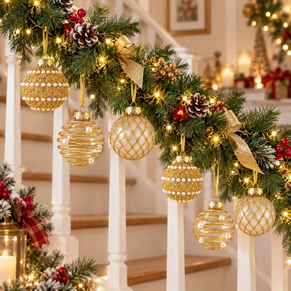 6 Pcs 6Cm Gold Clear 3 Designs Glitter Pearl Christmas Balls Shatterproof Xmas Tree Hanging Ornaments for Holiday Party Decor