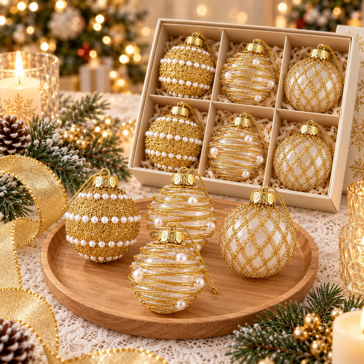 6 Pcs 6Cm Gold Clear 3 Designs Glitter Pearl Christmas Balls Shatterproof Xmas Tree Hanging Ornaments for Holiday Party Decor
