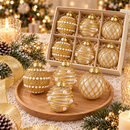 6 Pcs 6Cm Gold Clear 3 Designs Glitter Pearl Christmas Balls Shatterproof Xmas Tree Hanging Ornaments for Holiday Party Decor