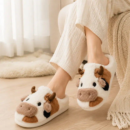 Plush Cow Slippers for Women & Men, Soft Cozy Fleece Lining, Non-Slip Sole, Cute Cow Design, Comfortable House Shoes for Indoor Use