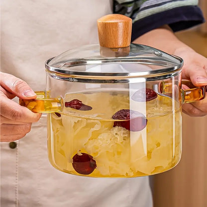 54-Ounce Borosilicate Glass Pot with Yellow Handles—A Heat-Resistant, Transparent Pot for Soups and Porridge. Suitable for Stovetops and Ovens, Perfect for Both Home and Restaurant Use. Ideal for Making Soups and Milk Ramen. Easy to Clean and Odor-Free,Ho