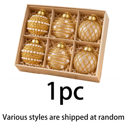6 Pcs 6Cm Gold Clear 3 Designs Glitter Pearl Christmas Balls Shatterproof Xmas Tree Hanging Ornaments for Holiday Party Decor