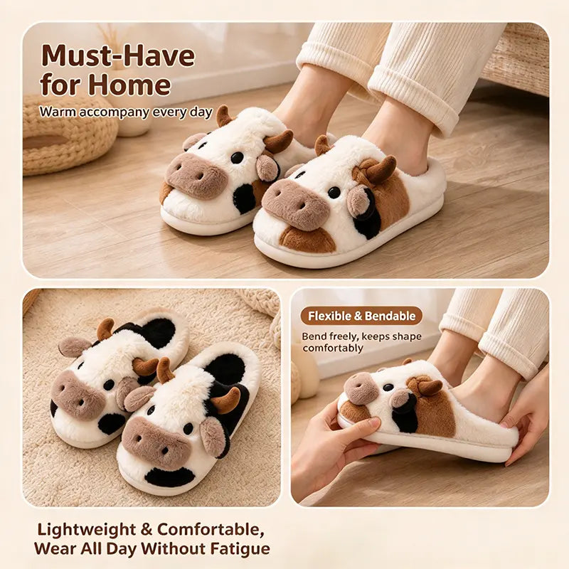 Plush Cow Slippers for Women & Men, Soft Cozy Fleece Lining, Non-Slip Sole, Cute Cow Design, Comfortable House Shoes for Indoor Use