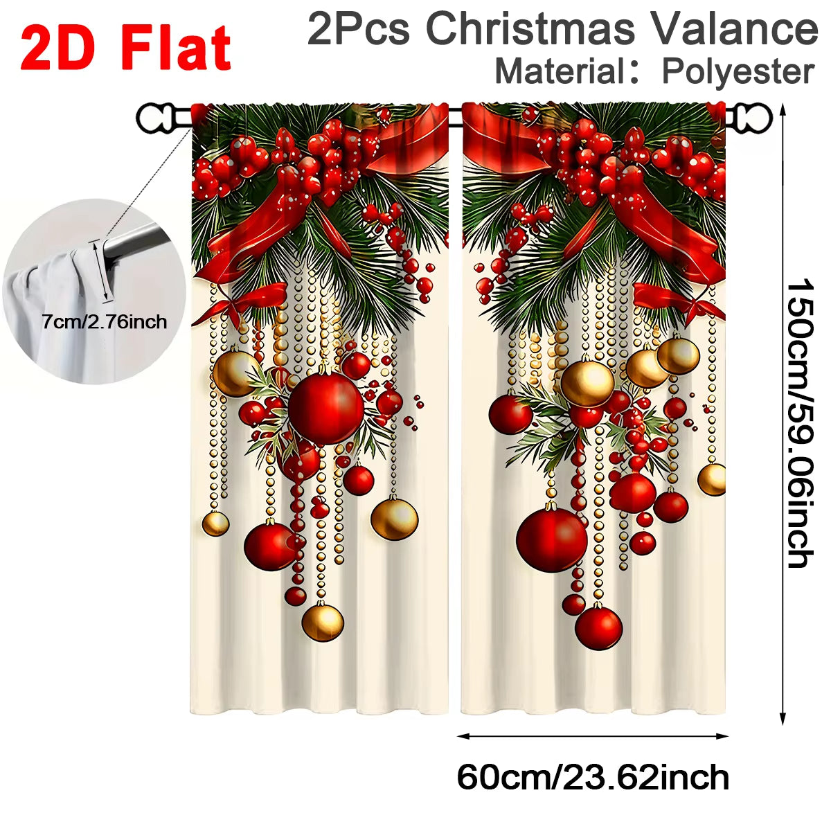 2Pcs Festive Christmas Curtains, 60*150Cm Polyester Curtains Xmas Baubles Ribbon Patterns Window Drapes for Home Holiday Decor