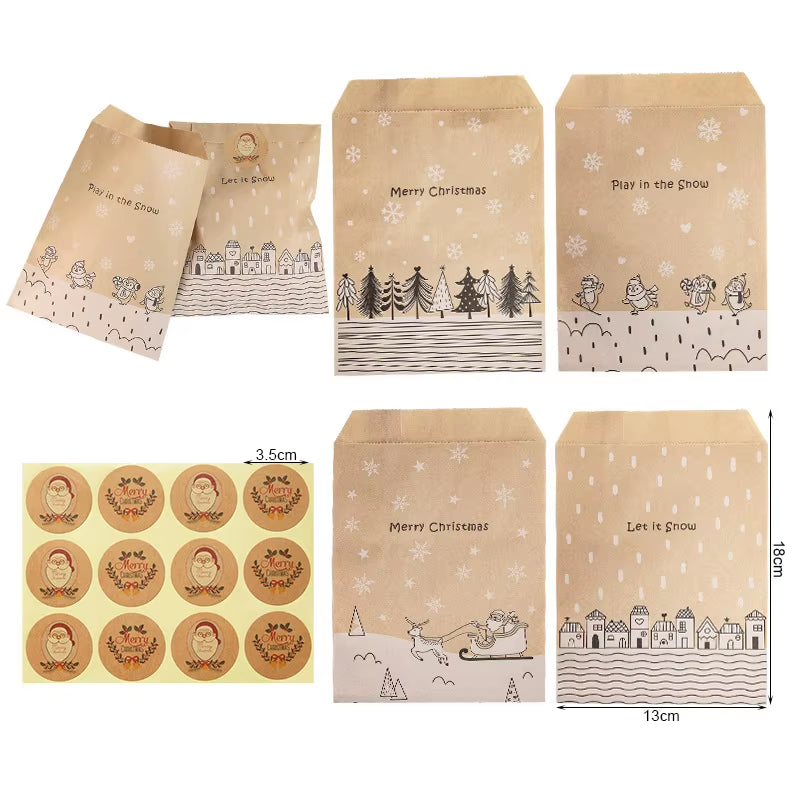Santa Claus Snowman Christmas Gift Kraft Paper Biscuit Candy Bags Gift Packing Pouch Party Dessert Bar Bag Snack Cookie Stickers
