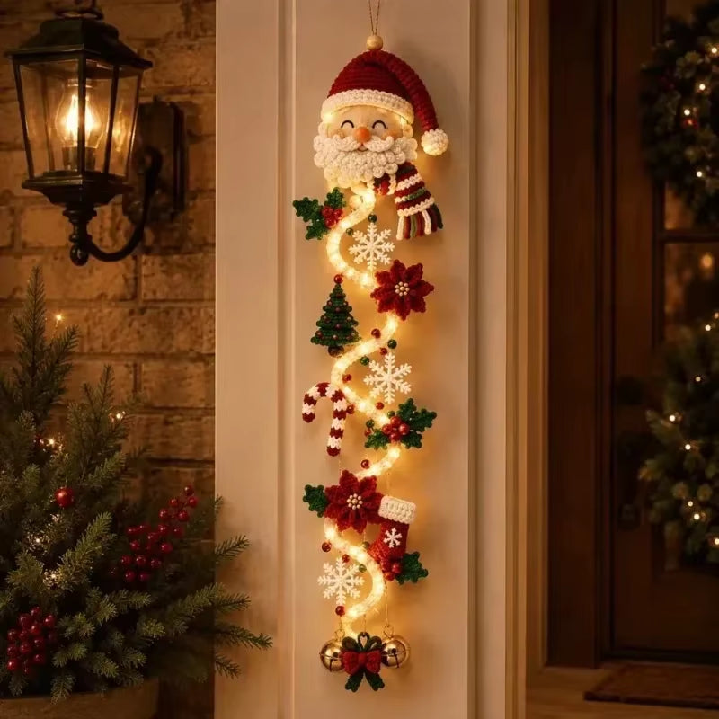 Christmas Door Hanger LED Glowing Handmade Crochet Santa Xmas Tree Bell Ornament Home Wall Front Door New Year Navidad Decor