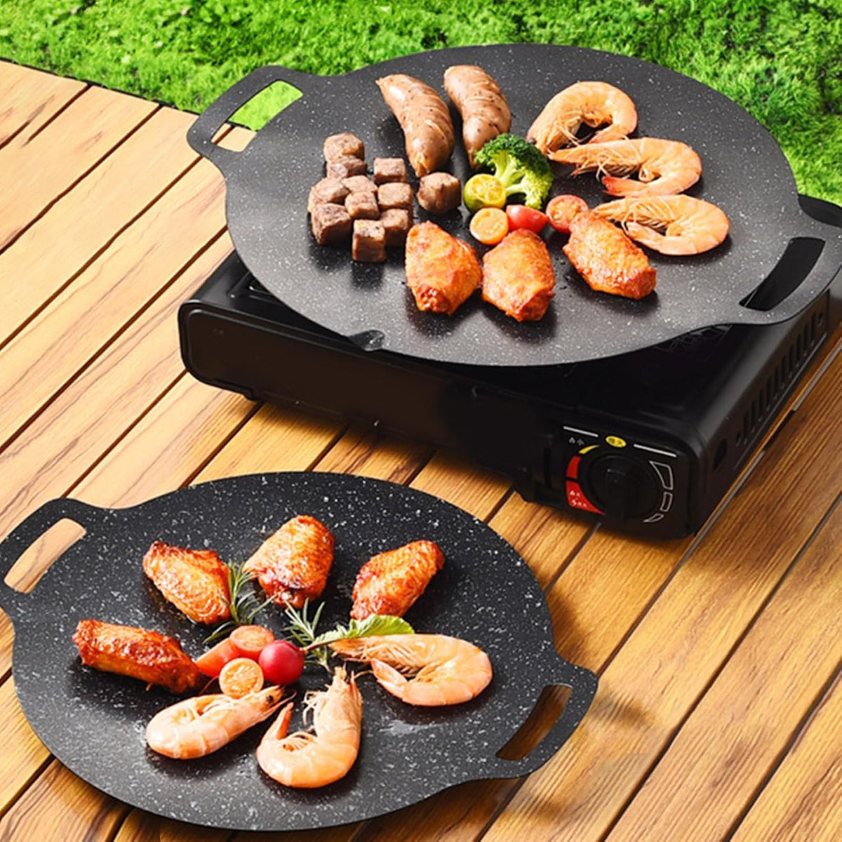 Korean BBQ Grill Pan, Maifan Stone Coating, Stovetops and Induction Compatible,Round Griddle Pan, Korean Grill Pan with Non Stick Coating Baking Tray on Heating Stove for Outdoor