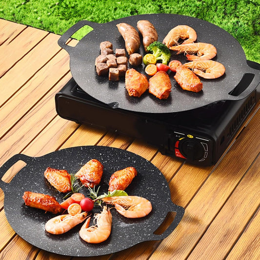 Korean BBQ Grill Pan, Maifan Stone Coating, Stovetops and Induction Compatible,Round Griddle Pan, Korean Grill Pan with Non Stick Coating Baking Tray on Heating Stove for Outdoor