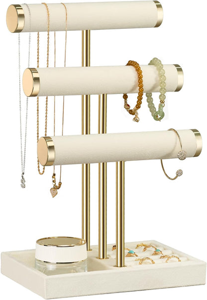 Jewelry Organizer Stand Display, 3 Tier Velvet Bracelet Holder, Beige