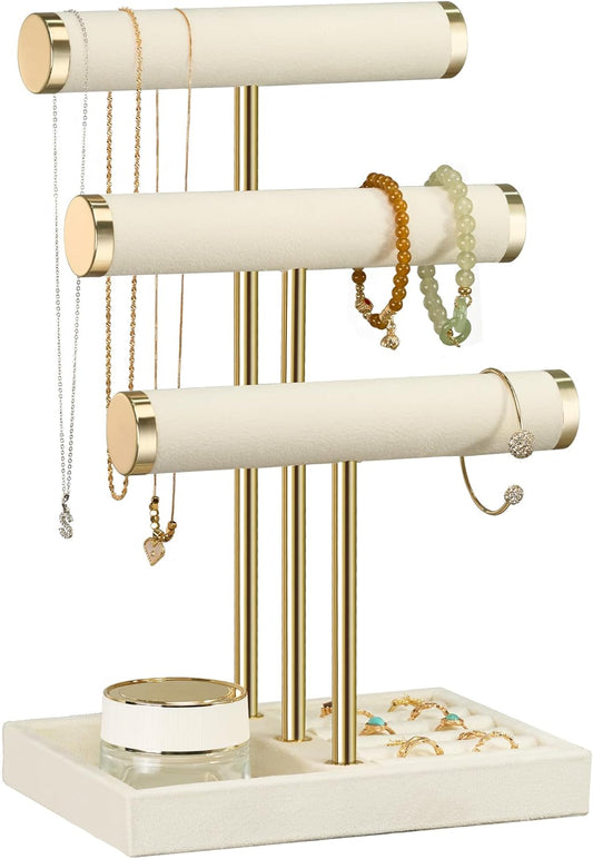 Jewelry Organizer Stand Display, 3 Tier Velvet Bracelet Holder, Beige
