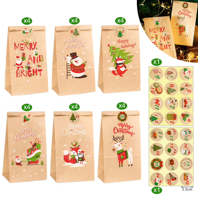 Santa Claus Snowman Christmas Gift Kraft Paper Biscuit Candy Bags Gift Packing Pouch Party Dessert Bar Bag Snack Cookie Stickers