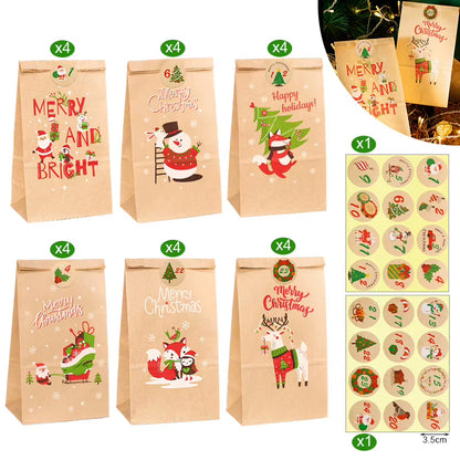 Santa Claus Snowman Christmas Gift Kraft Paper Biscuit Candy Bags Gift Packing Pouch Party Dessert Bar Bag Snack Cookie Stickers