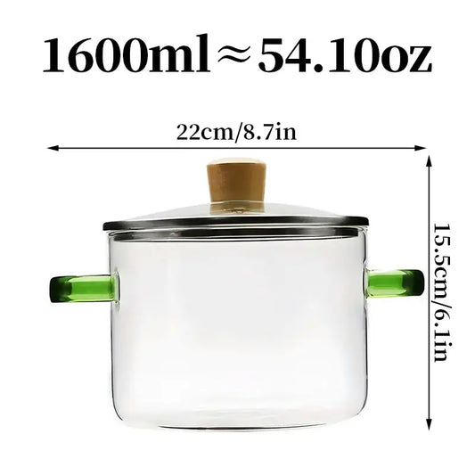 54-Ounce Borosilicate Glass Pot with Yellow Handles—A Heat-Resistant, Transparent Pot for Soups and Porridge. Suitable for Stovetops and Ovens, Perfect for Both Home and Restaurant Use. Ideal for Making Soups and Milk Ramen. Easy to Clean and Odor-Free,Ho