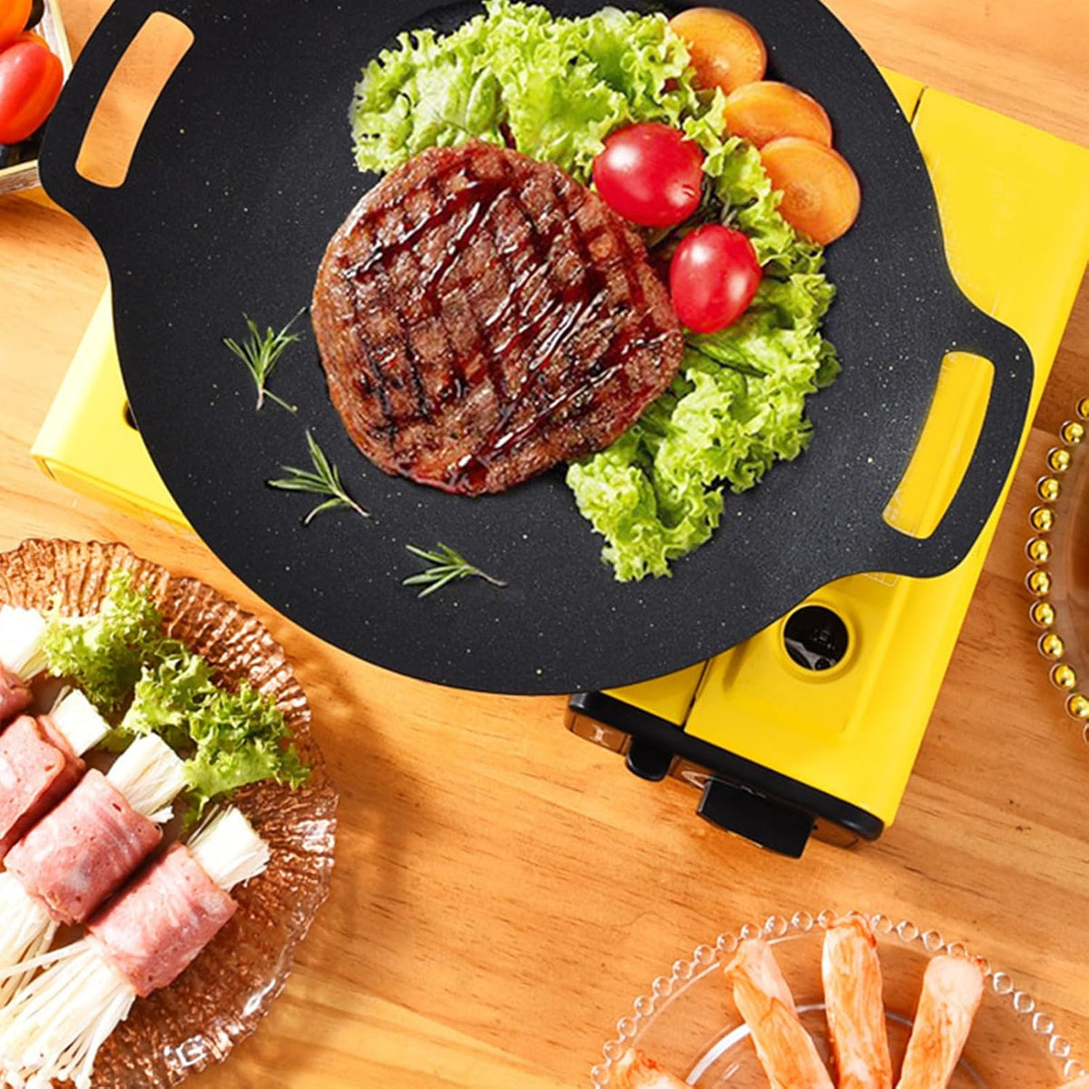 Korean BBQ Grill Pan, Maifan Stone Coating, Stovetops and Induction Compatible,Round Griddle Pan, Korean Grill Pan with Non Stick Coating Baking Tray on Heating Stove for Outdoor