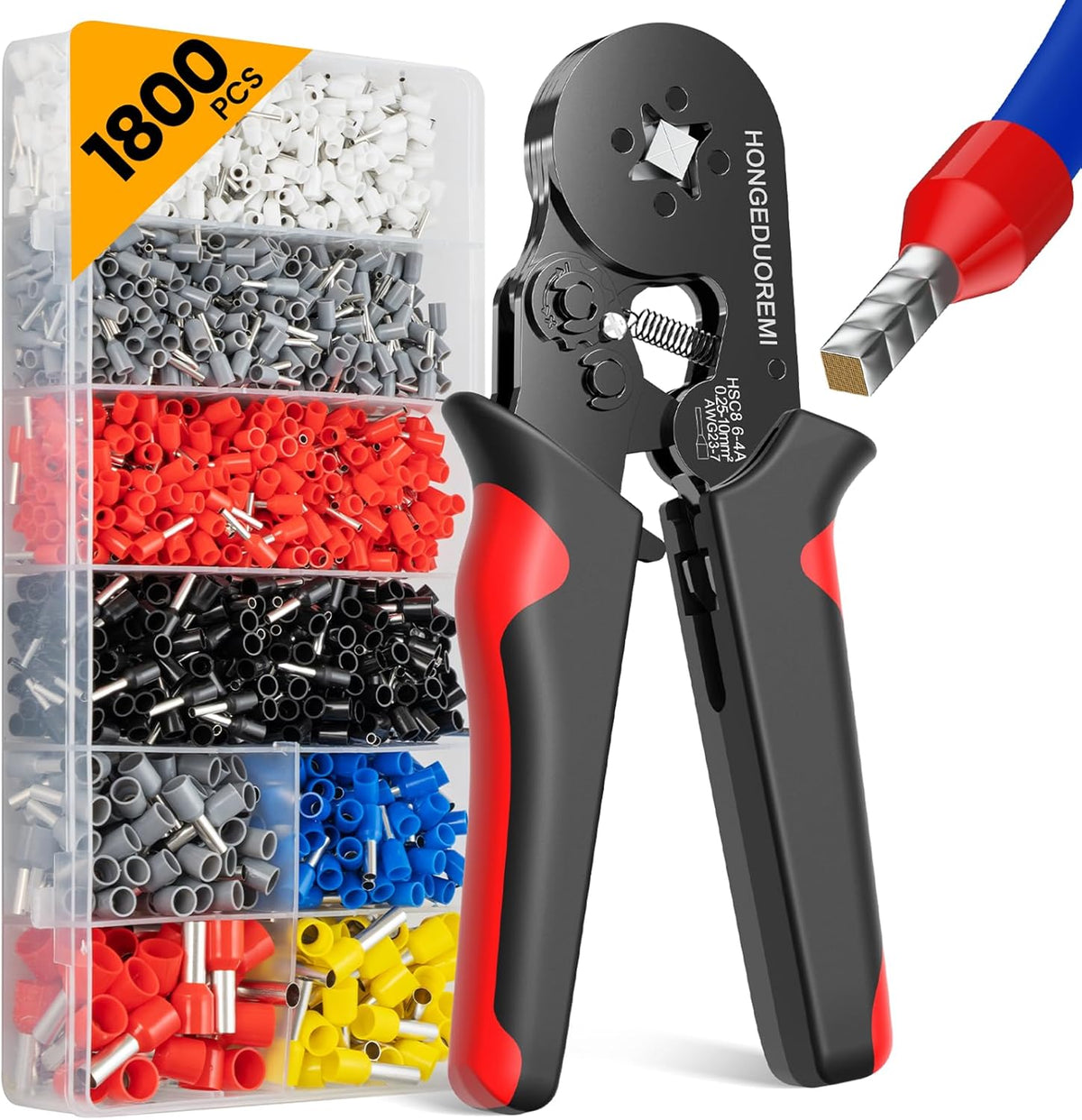 Ferrule Crimping Tool Kit,Wire Ferrule Kit Crimper Connectors，4 Corners Self-Adjustable AWG23-7 Gauge 1800PCS Ferrules Electrical Terminal，Crimpers Tools Pin Terminals Ratchet Pliers for Audio,Car,Diy