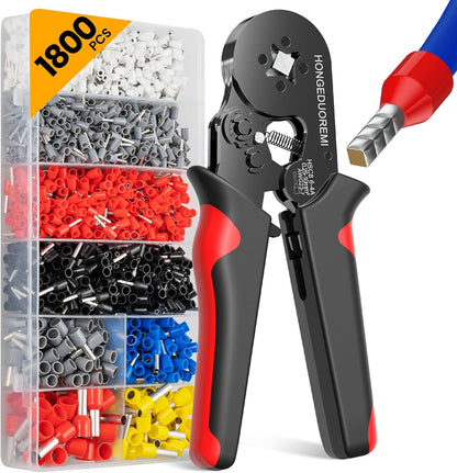 Ferrule Crimping Tool Kit,Wire Ferrule Kit Crimper Connectors，4 Corners Self-Adjustable AWG23-7 Gauge 1800PCS Ferrules Electrical Terminal，Crimpers Tools Pin Terminals Ratchet Pliers for Audio,Car,Diy