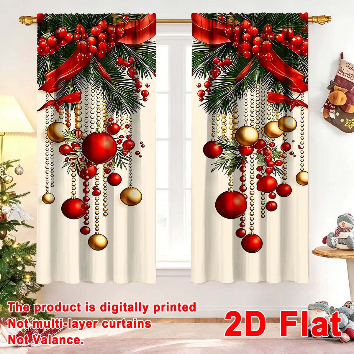 2Pcs Festive Christmas Curtains, 60*150Cm Polyester Curtains Xmas Baubles Ribbon Patterns Window Drapes for Home Holiday Decor