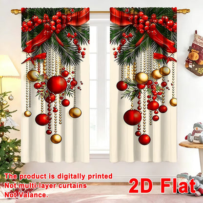 2Pcs Festive Christmas Curtains, 60*150Cm Polyester Curtains Xmas Baubles Ribbon Patterns Window Drapes for Home Holiday Decor