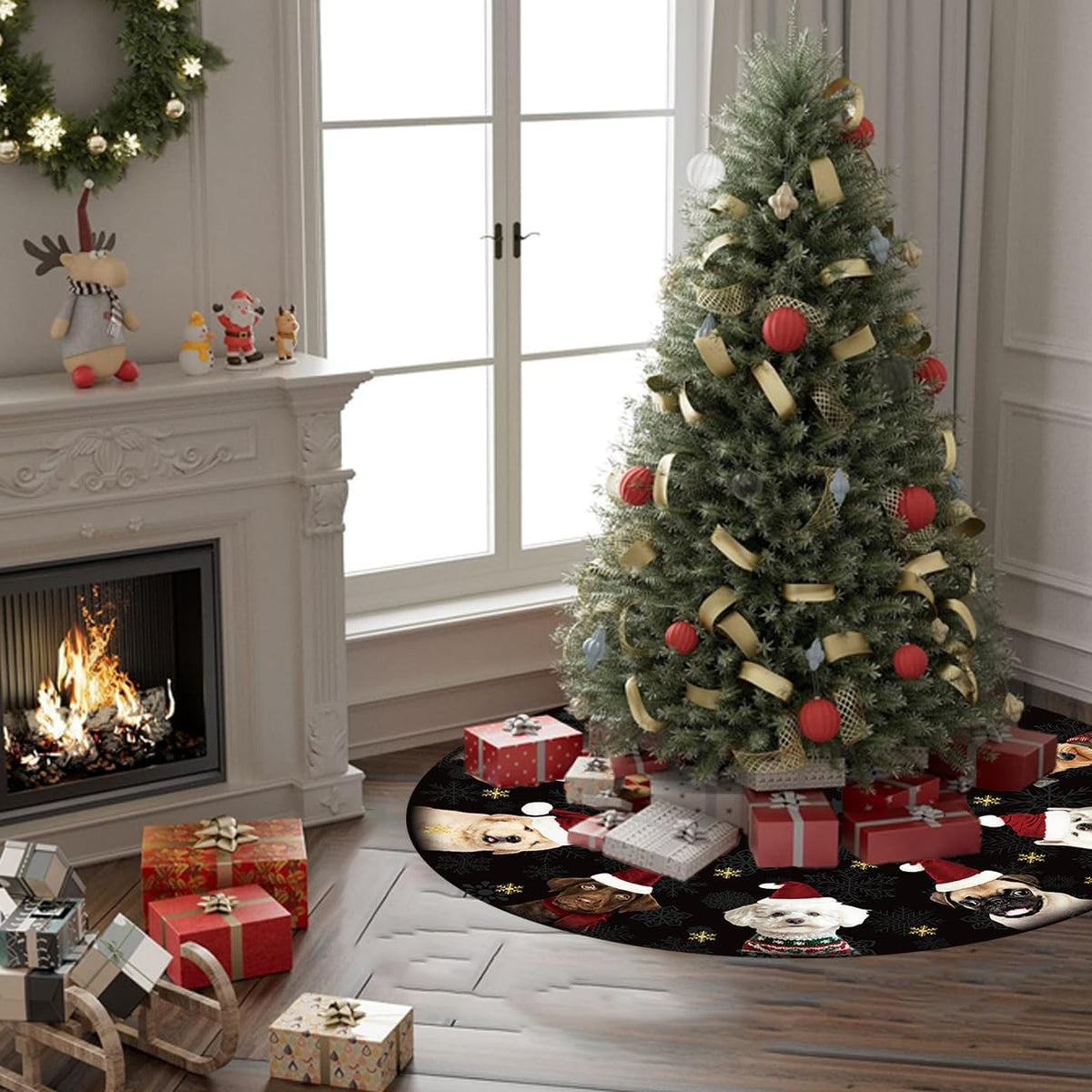Dog Christmas Tree Skirt 48 Inches Black and Gold Xmas Skirt under Tree Base Cover Collar Floor Mat for 7.5Ft-Tree, Puppy Christmas Decor for Home Office Indoor Holiday Party Decor