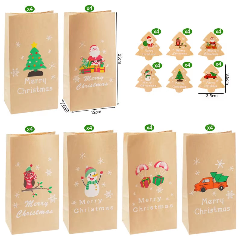 Santa Claus Snowman Christmas Gift Kraft Paper Biscuit Candy Bags Gift Packing Pouch Party Dessert Bar Bag Snack Cookie Stickers