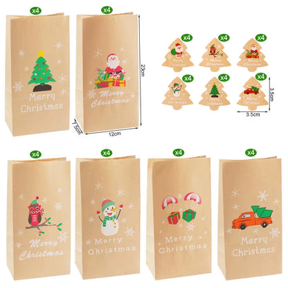 Santa Claus Snowman Christmas Gift Kraft Paper Biscuit Candy Bags Gift Packing Pouch Party Dessert Bar Bag Snack Cookie Stickers