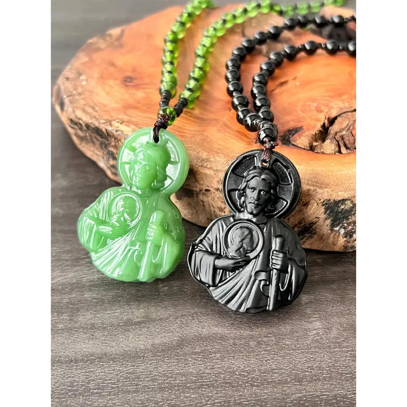 Natural Obsidian Jesus Sacred Heart Pendant Chain Necklace, Catholic Faith Amulet, Long Length Unisex Religious Jewelry, Men'S Unique Casual Wear Costume Accessory