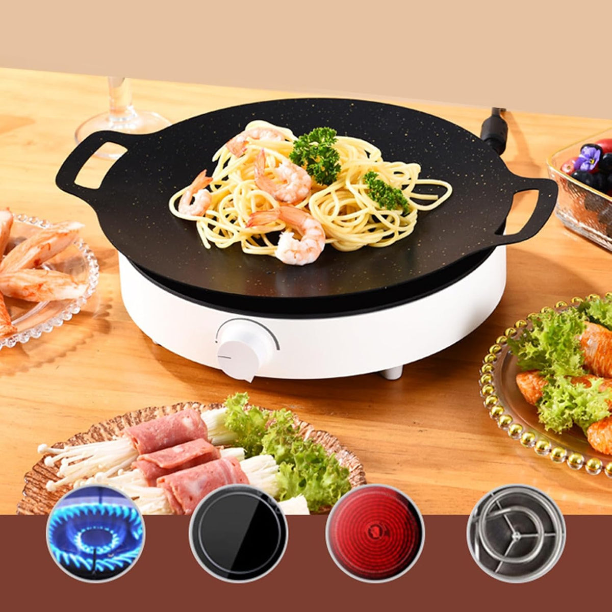 Korean BBQ Grill Pan, Maifan Stone Coating, Stovetops and Induction Compatible,Round Griddle Pan, Korean Grill Pan with Non Stick Coating Baking Tray on Heating Stove for Outdoor