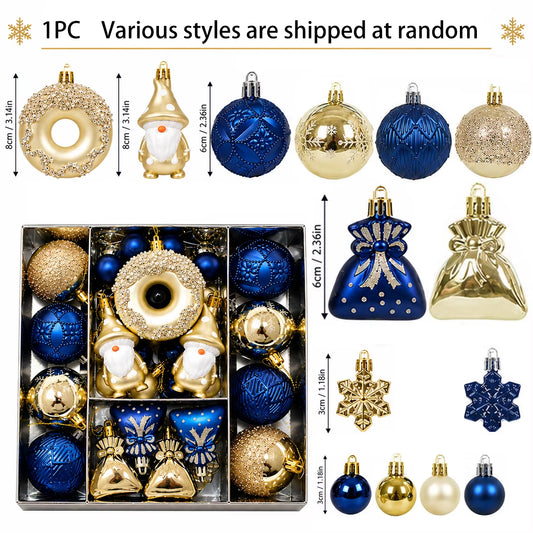 60Pcs Blue Gold Christmas Ornaments Set Shatterproof Multi Shapes Gnome Donut Snowflake Gift Balls Xmas Tree Hanging Party Decor