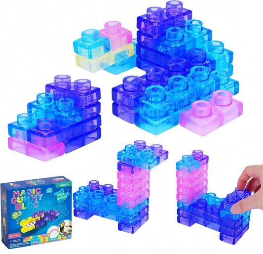 Magic Gummy Block Soft Building Blocks, 40 Pcs Squishy Stretchable TPE Sensory Bricks, Bpa‑Free Interlocking Construction Toy for Kids Ages 3+