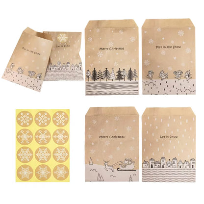 Santa Claus Snowman Christmas Gift Kraft Paper Biscuit Candy Bags Gift Packing Pouch Party Dessert Bar Bag Snack Cookie Stickers