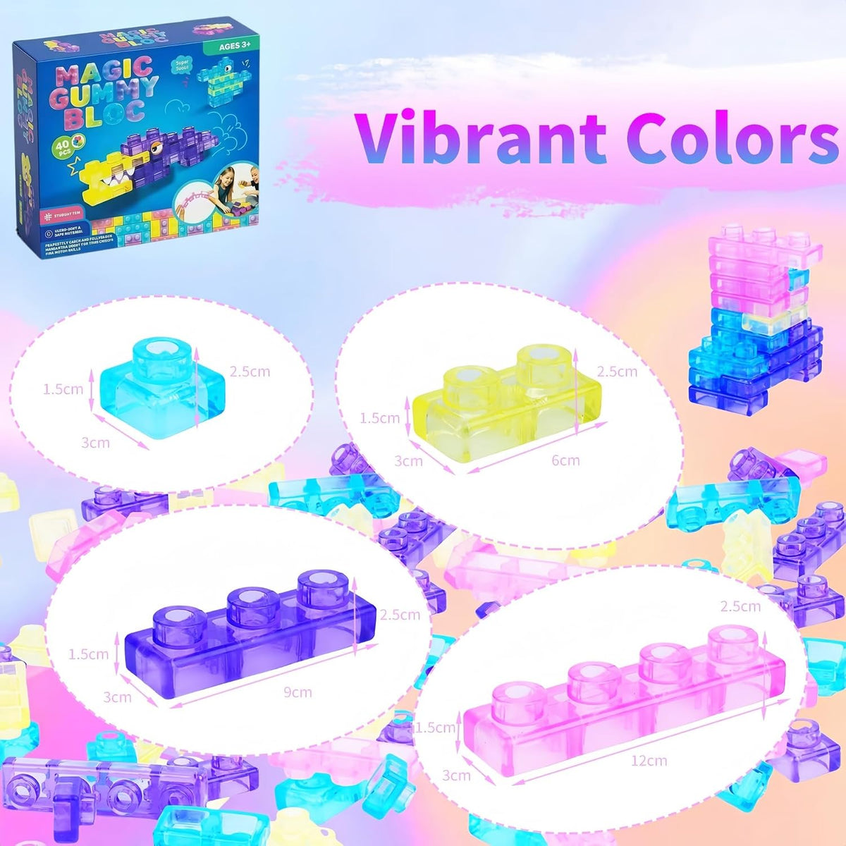 Magic Gummy Block Soft Building Blocks, 40 Pcs Squishy Stretchable TPE Sensory Bricks, Bpa‑Free Interlocking Construction Toy for Kids Ages 3+