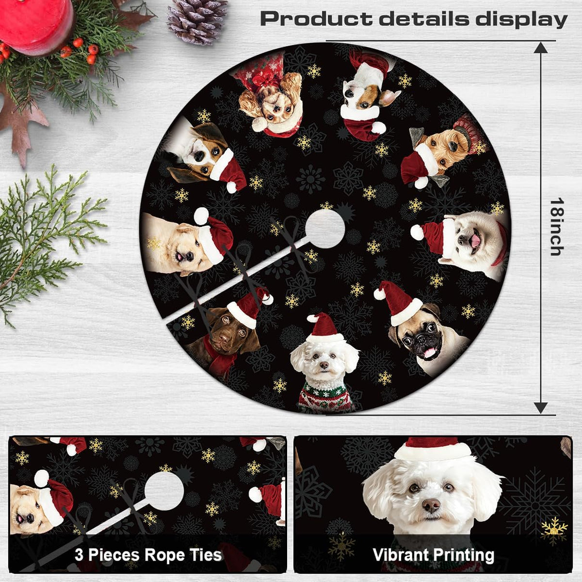 Dog Christmas Tree Skirt 48 Inches Black and Gold Xmas Skirt under Tree Base Cover Collar Floor Mat for 7.5Ft-Tree, Puppy Christmas Decor for Home Office Indoor Holiday Party Decor