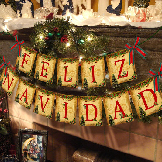 Merry Christmas Banner Feliz Navidad Banner Sign Vintage Indoor Christmas Decorations Feliz Navidad Party Decorations for Christmas Home Office Party Fireplace Mantle Decor Xmas Holiday Decor
