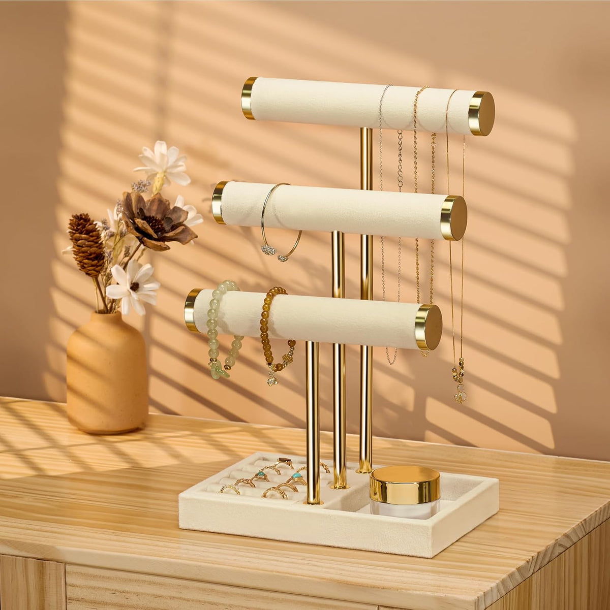 Jewelry Organizer Stand Display, 3 Tier Velvet Bracelet Holder, Beige