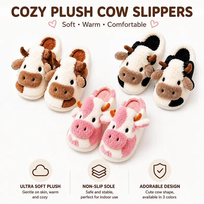 Plush Cow Slippers for Women & Men, Soft Cozy Fleece Lining, Non-Slip Sole, Cute Cow Design, Comfortable House Shoes for Indoor Use
