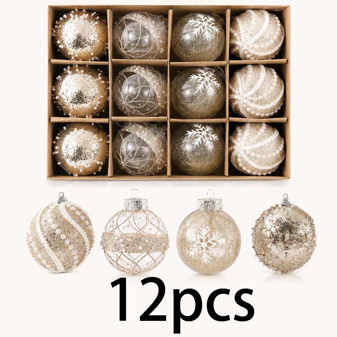 12Pcs 8Cm Champagne Gold Clear Christmas Ball Ornaments 4 Styles Glitter Pearl Snowflake Shatterproof Xmas Tree Hanging Decor