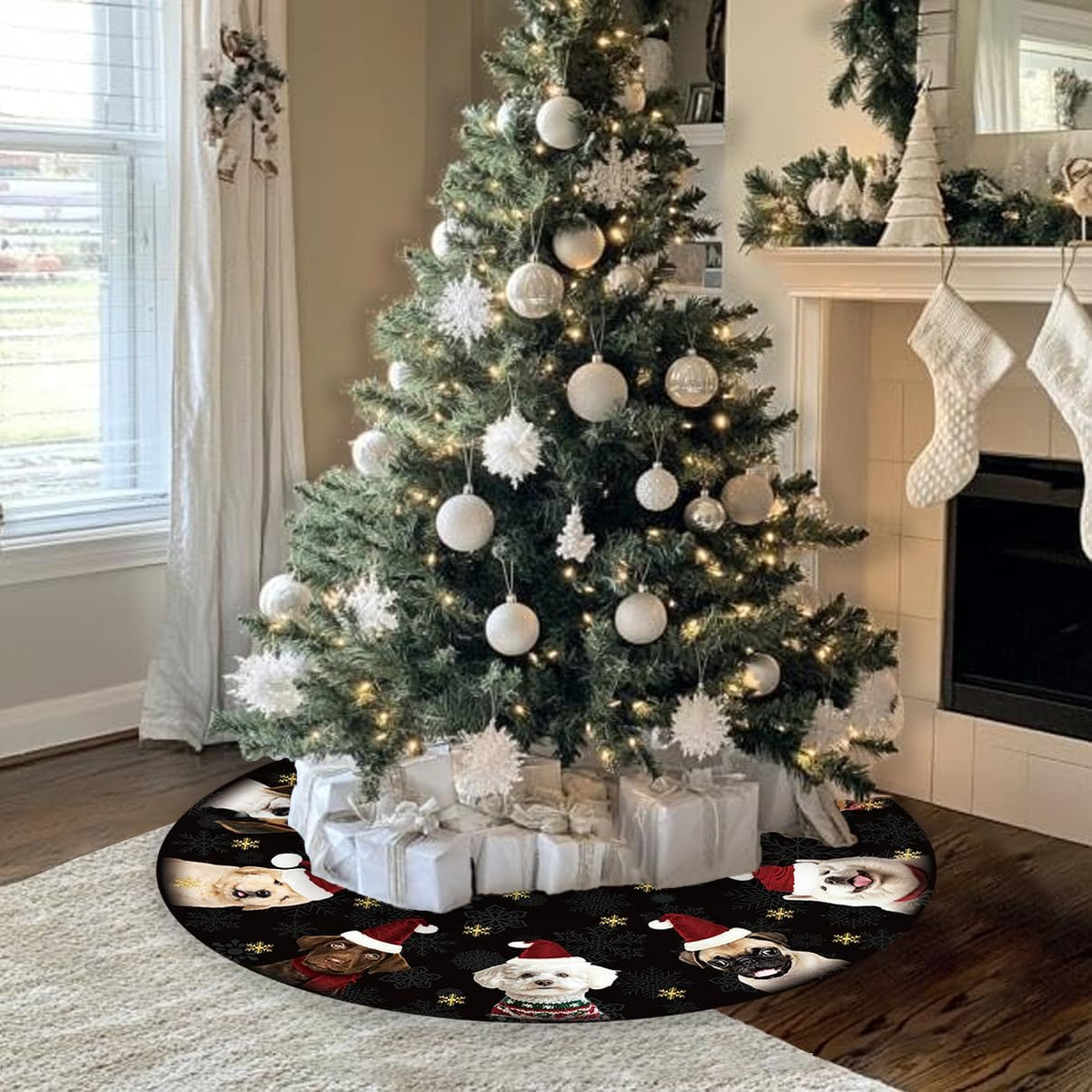 Dog Christmas Tree Skirt 48 Inches Black and Gold Xmas Skirt under Tree Base Cover Collar Floor Mat for 7.5Ft-Tree, Puppy Christmas Decor for Home Office Indoor Holiday Party Decor