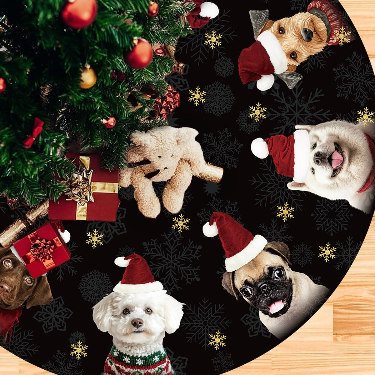 Dog Christmas Tree Skirt 48 Inches Black and Gold Xmas Skirt under Tree Base Cover Collar Floor Mat for 7.5Ft-Tree, Puppy Christmas Decor for Home Office Indoor Holiday Party Decor