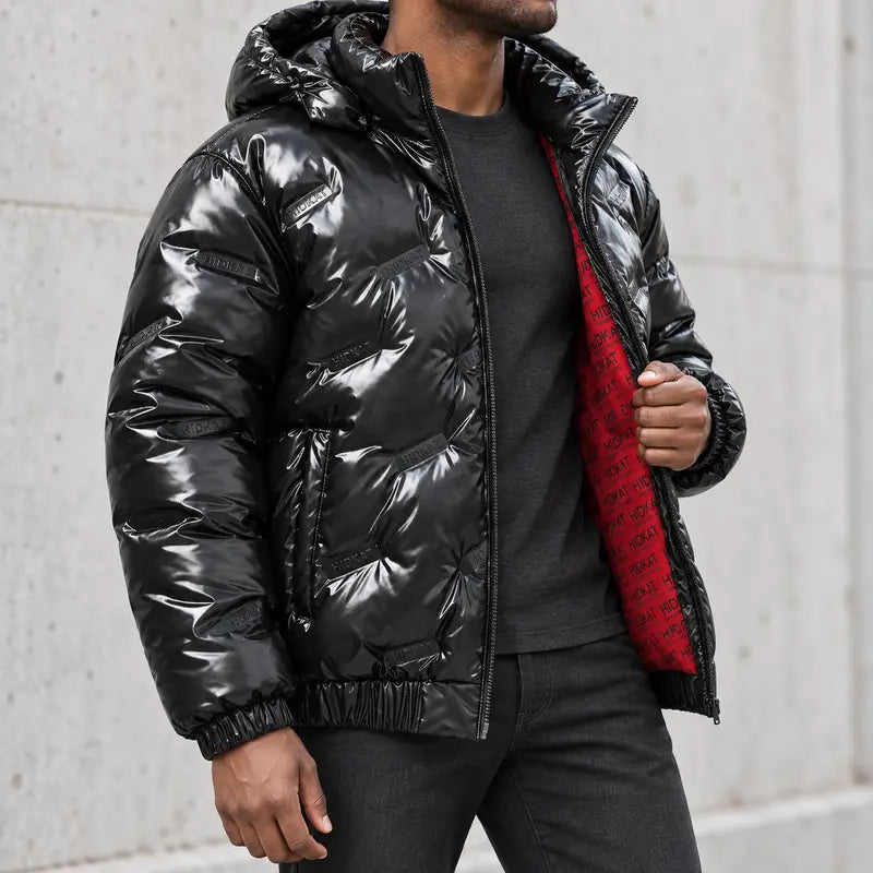 Men’S Glossy Black Cotton Jacket with High-Shine Finish, Detachable Hood, Contrasting Red Lining, Full Zip Front and Side Cargo Pockets—Casual, Warm Outerwear for Autumn and Winter. Menswear Coats