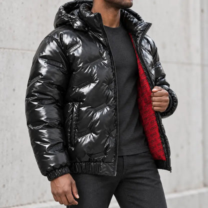 Men’S Glossy Black Cotton Jacket with High-Shine Finish, Detachable Hood, Contrasting Red Lining, Full Zip Front and Side Cargo Pockets—Casual, Warm Outerwear for Autumn and Winter. Menswear Coats