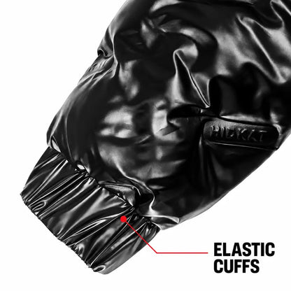 Men’S Glossy Black Cotton Jacket with High-Shine Finish, Detachable Hood, Contrasting Red Lining, Full Zip Front and Side Cargo Pockets—Casual, Warm Outerwear for Autumn and Winter. Menswear Coats